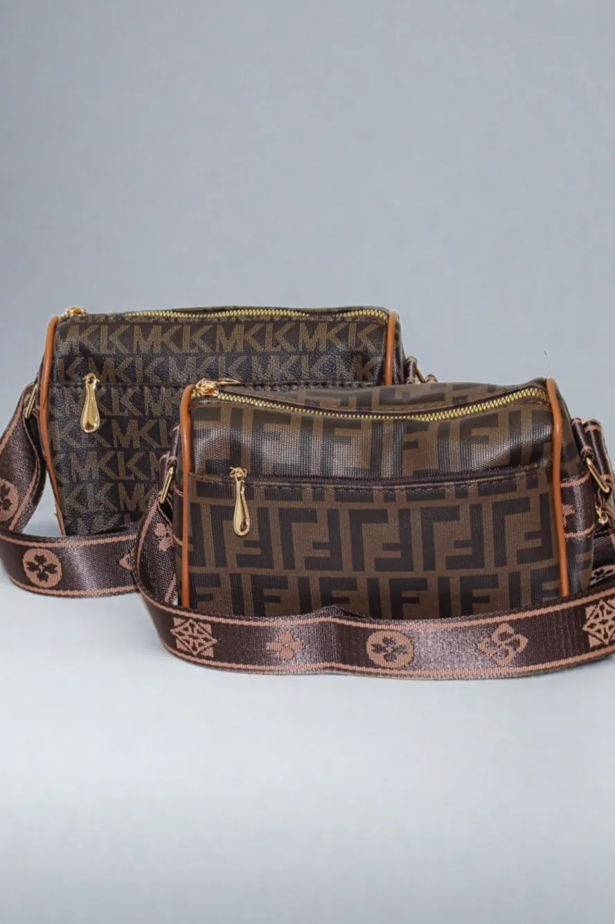 Adjustable Strap Printed PVC Brown Small Shoulder Bag
