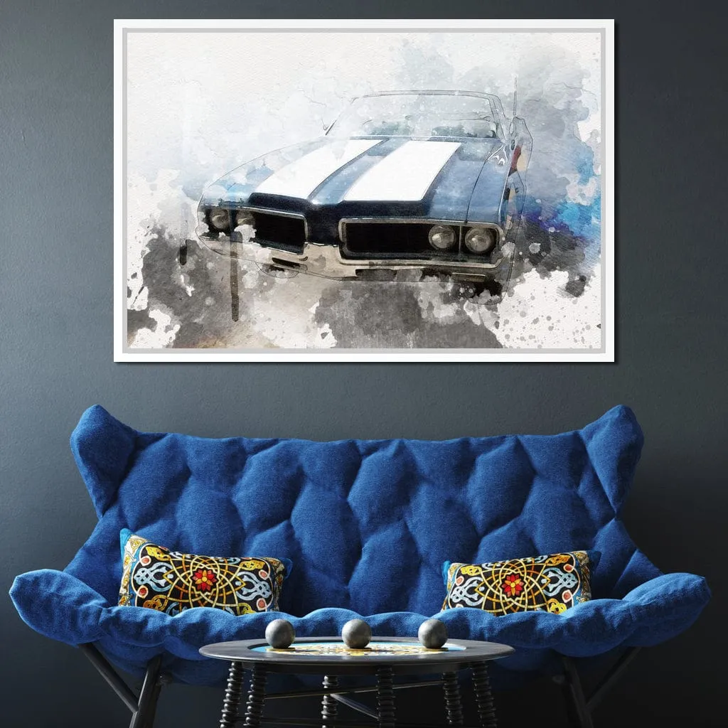 Blue & White Muscle Car in Watercolor