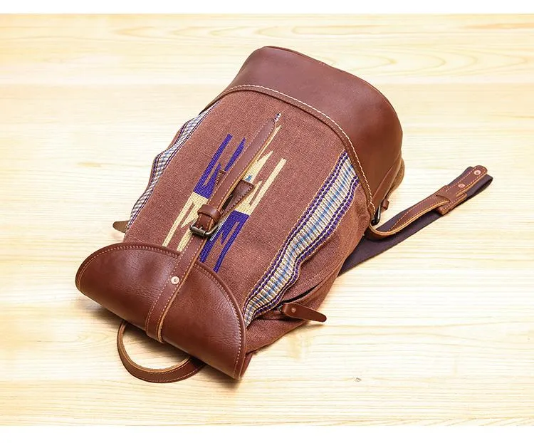 Brown Emroidered Canvas Leather Mens Women Large 14'' College Backpack Travel Backpack for Men