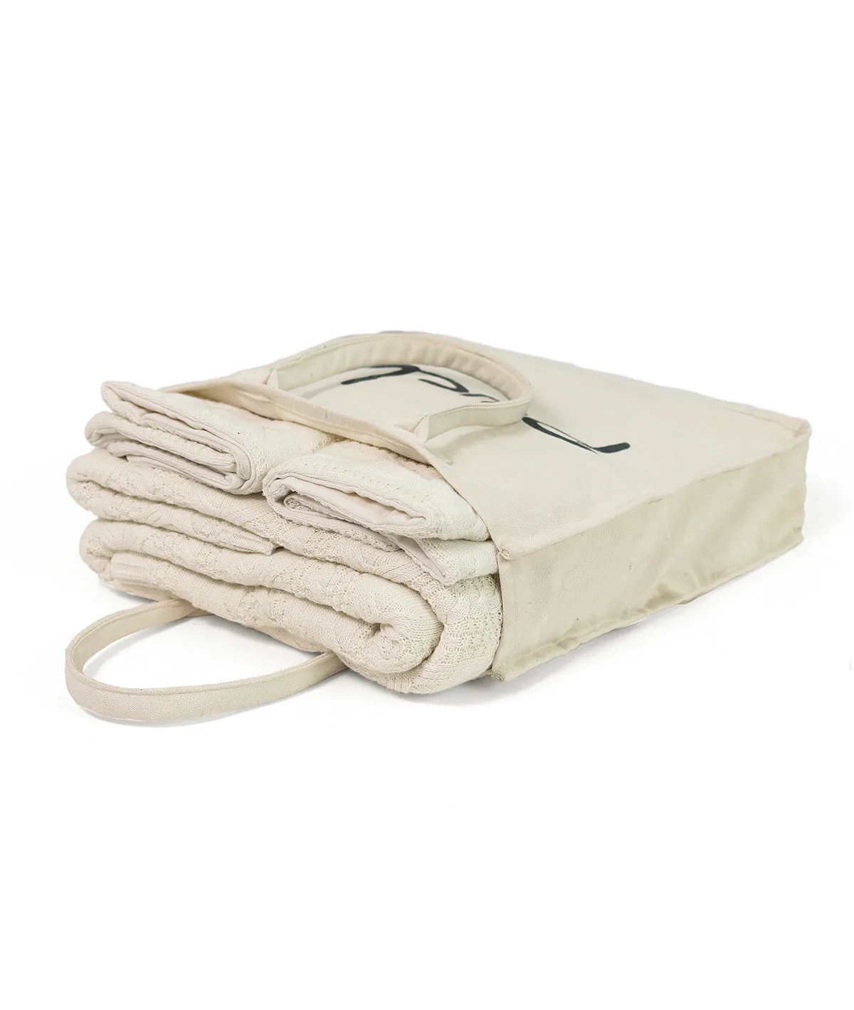 Classic Cable Gift Combo Knitted Single Bed AC Blanket & Cushion Covers in a Canvas Bag Packaging (Set of 4pcs) in Ivory Color