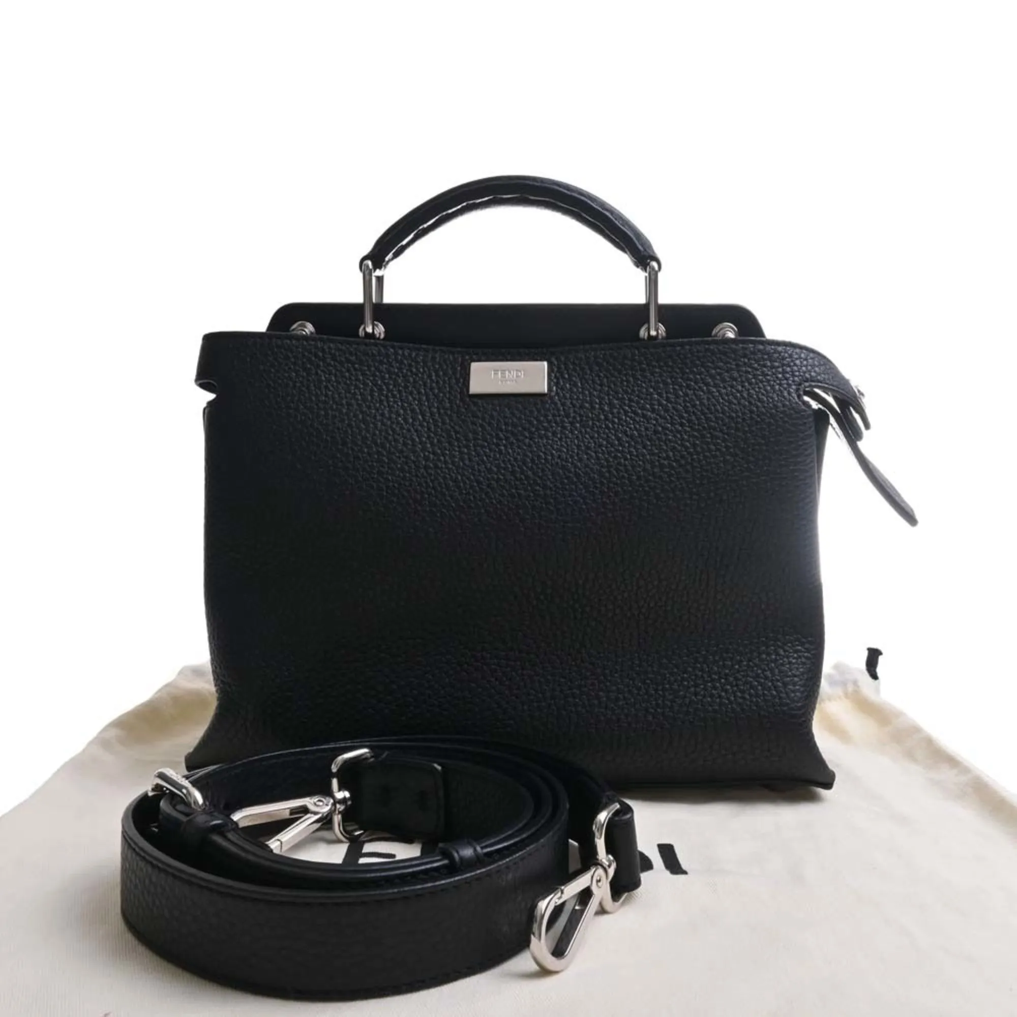 FENDI Selleria Leather Peekaboo Essential Handbag 7VA506 Black Ladies