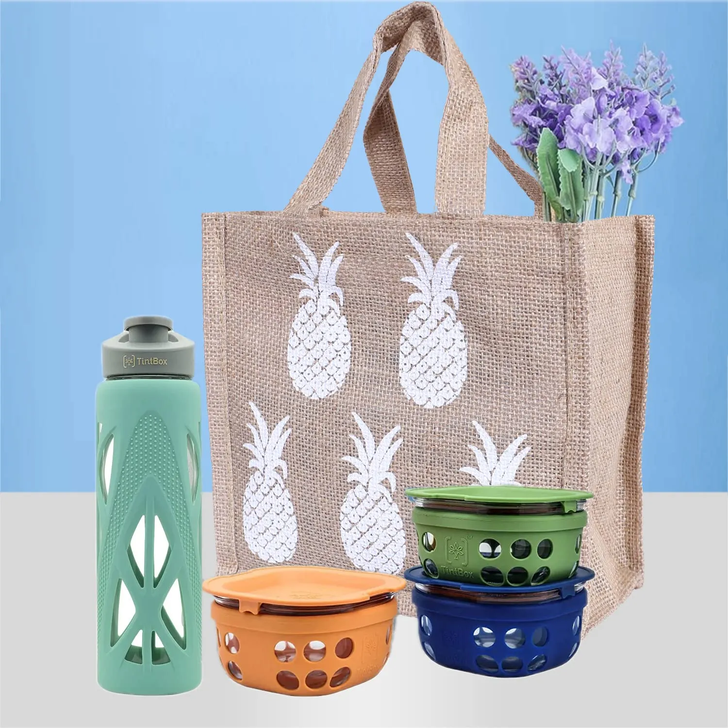 Kuber Industries Lunch Bag|Reusable Jute Fabric Tote Bag|Pineapple Print Tiffin Carry Hand Bag with Handle for Office,School,Gift (Brown, 1 Liter)