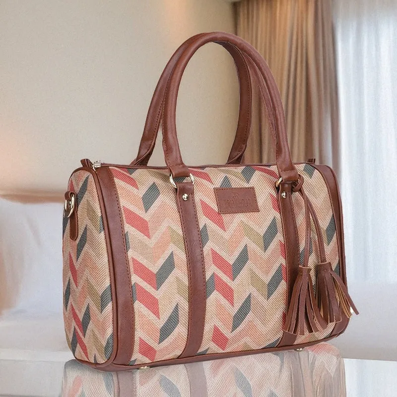 THE CLOWNFISH Lorna Printed Handicraft Fabric Handbag for Women Office Bag Ladies Shoulder Bag Tote For Women College Girls (Cream)