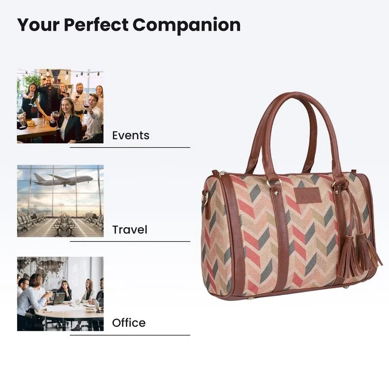 THE CLOWNFISH Lorna Printed Handicraft Fabric Handbag for Women Office Bag Ladies Shoulder Bag Tote For Women College Girls (Cream)