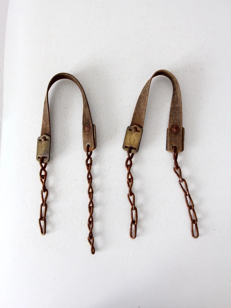 vintage canvas straps with chains and brass numbers