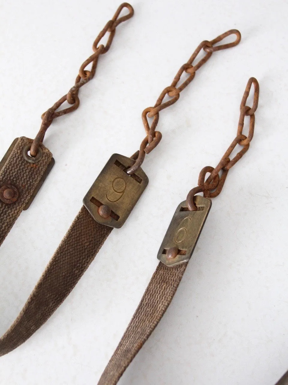 vintage canvas straps with chains and brass numbers